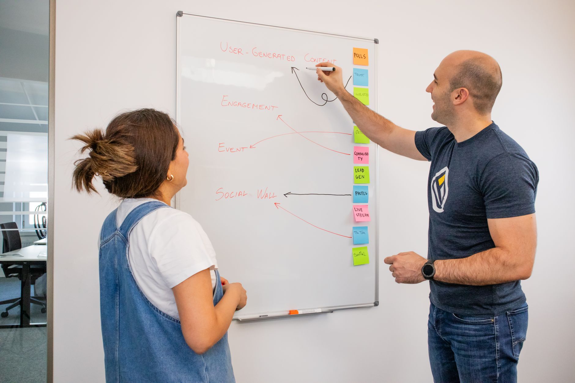 Two people planning a brand voice on a whiteboard